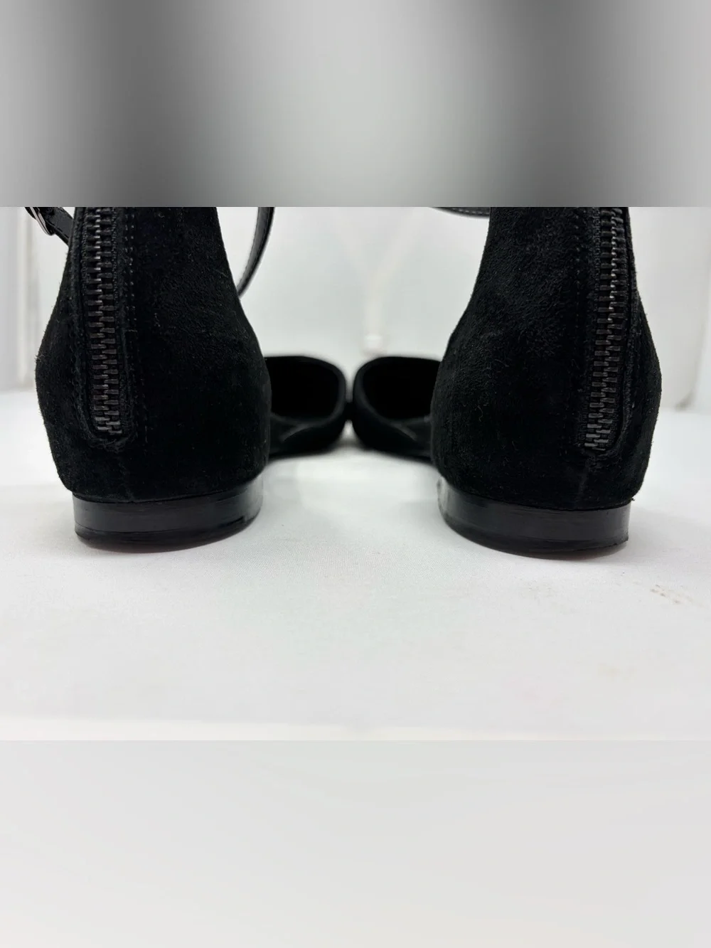 Seychelles Plateau d'Orsay Flats Black Suede Leather 9.5 Ankle Strap Pointy Toe